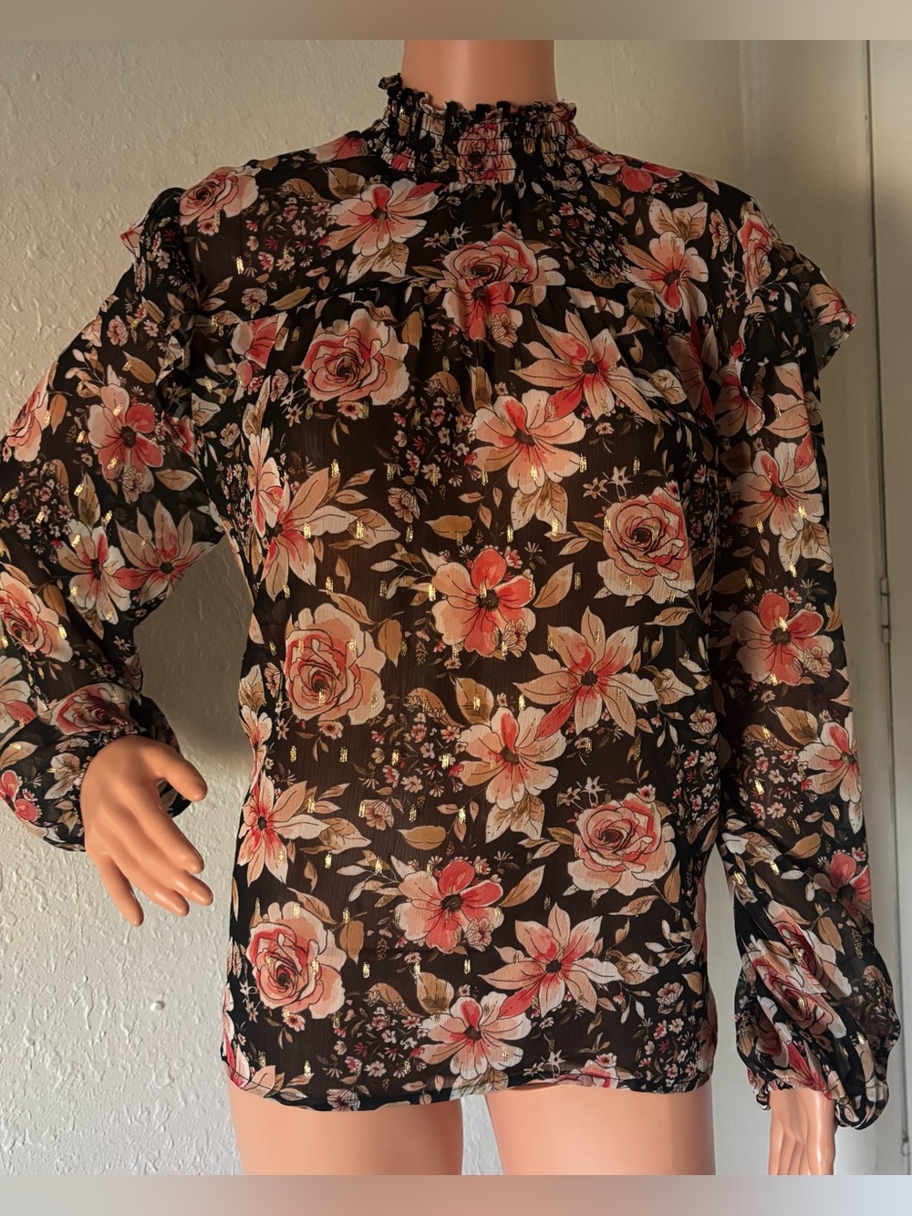 Maurices Black Floral Ruffle Neck Sheer Blouse